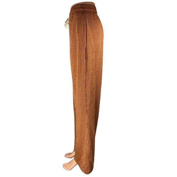 Zara Brown Striped Elastic Waist Drawstring Wide Leg Trousers Lounge Pants Sz L - Picture 2 of 5